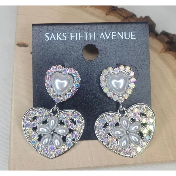 Saks Fifth Avenue Heart Drop Earrings Pearl & AB Rhinestone Dangle Earrings NWT - Picture 2 of 10